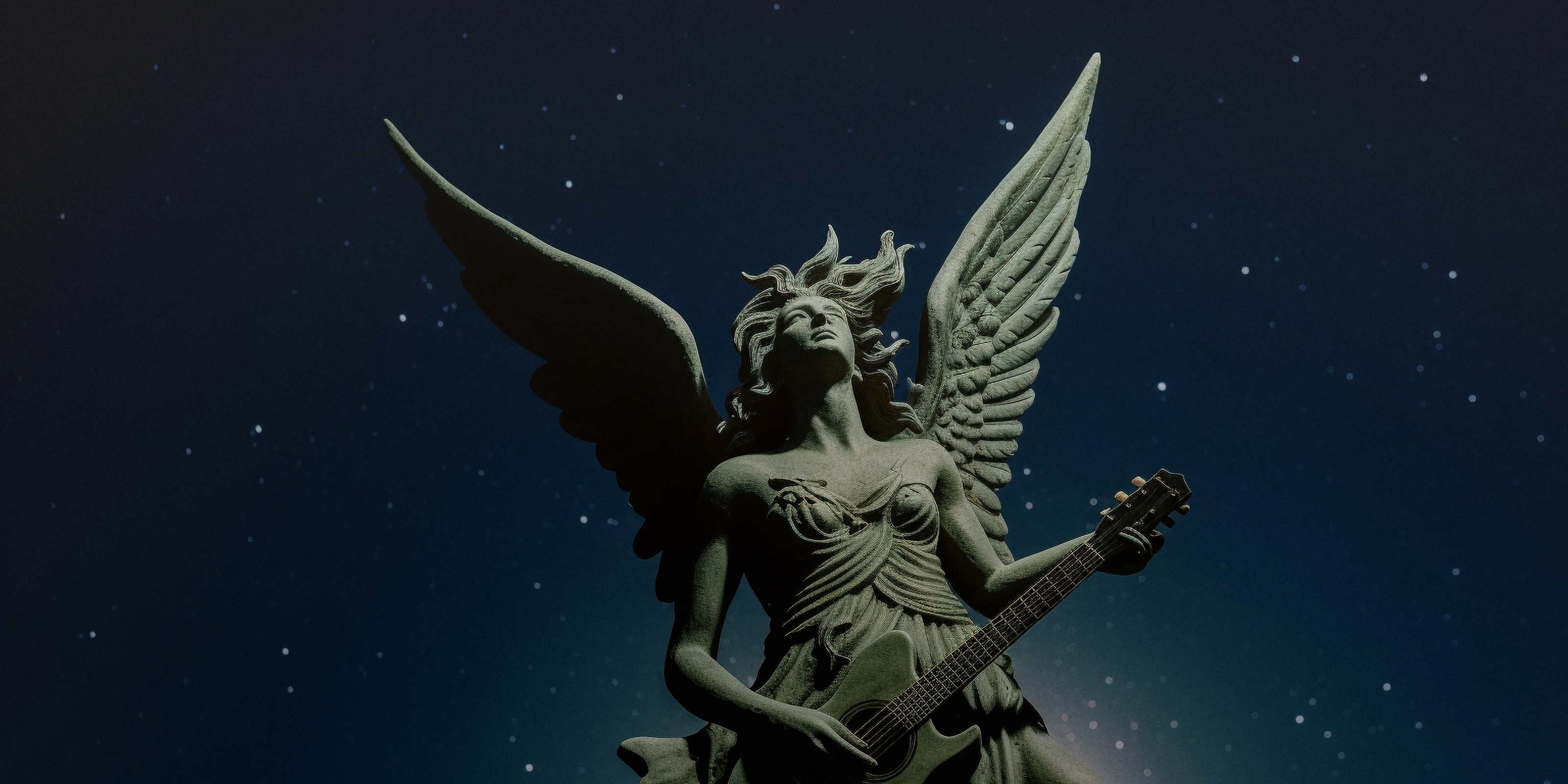 A winged statue holding a guitar beneath the stars.