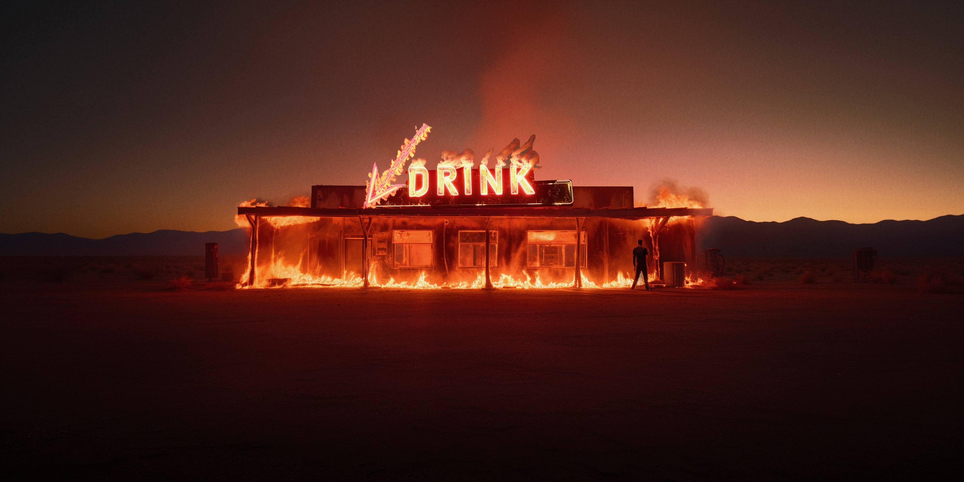 The desert bar engulfed in flames.