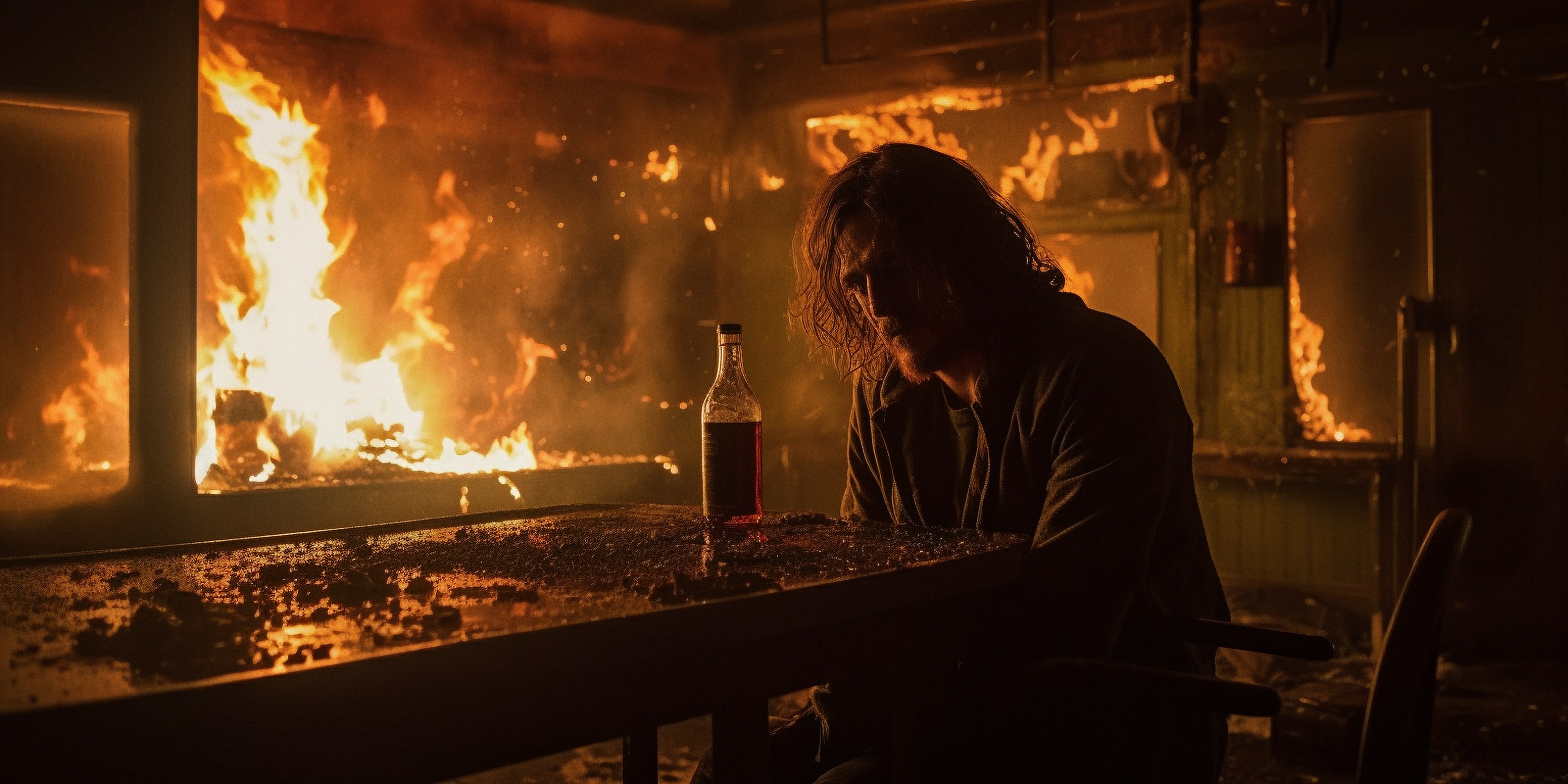 Lou inside the burning bar.