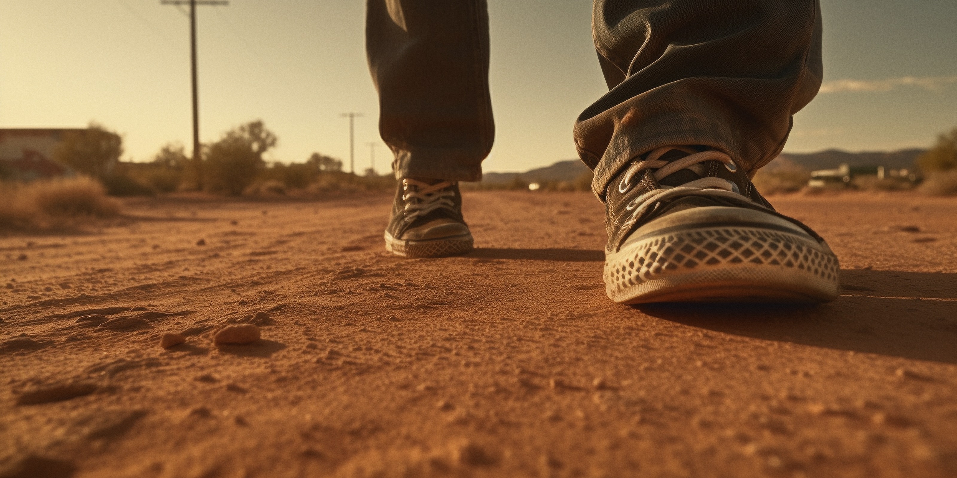 Worn sneakers crossing desert earth.
