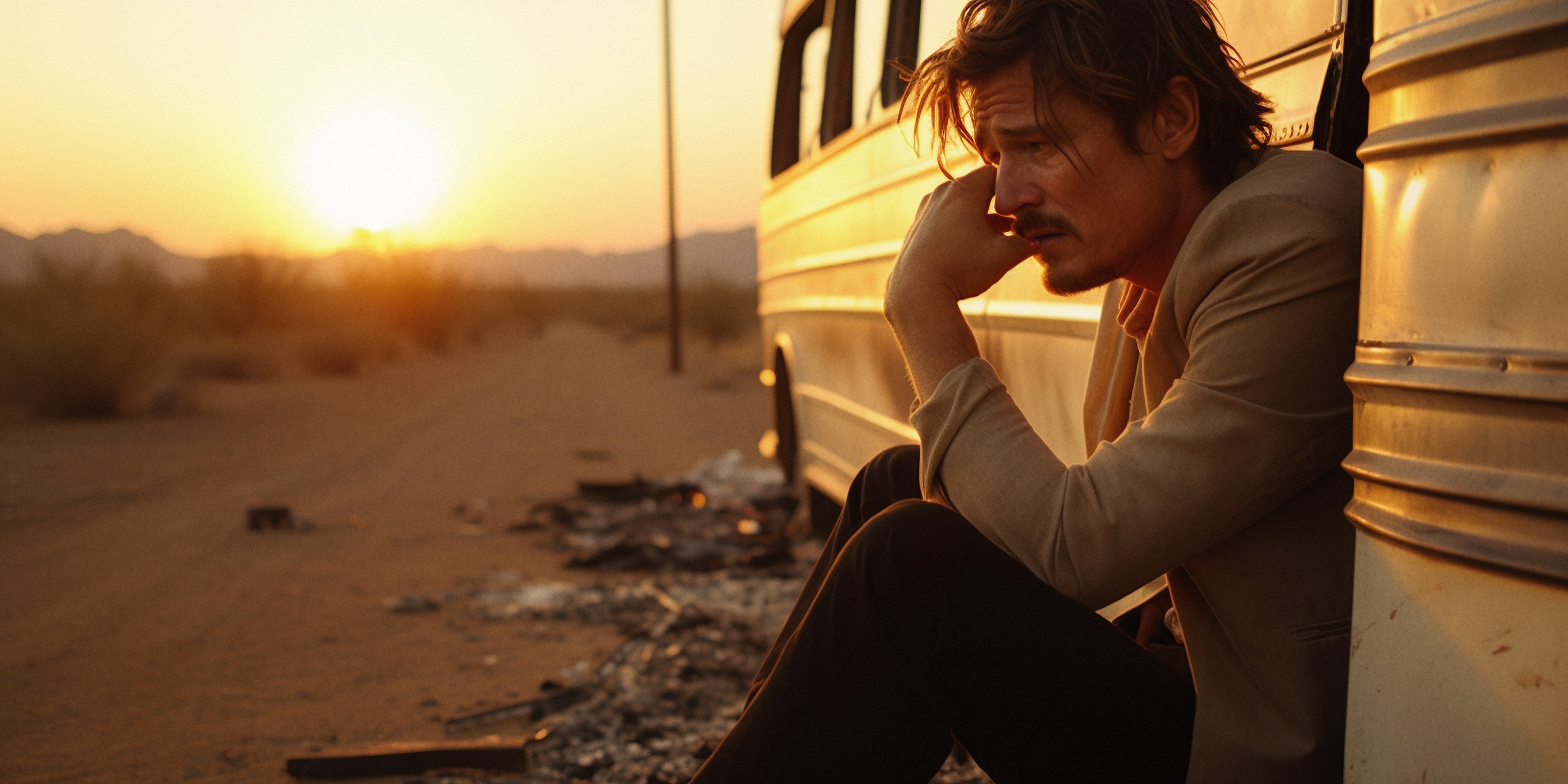 Lou beside the tour bus at sunset.