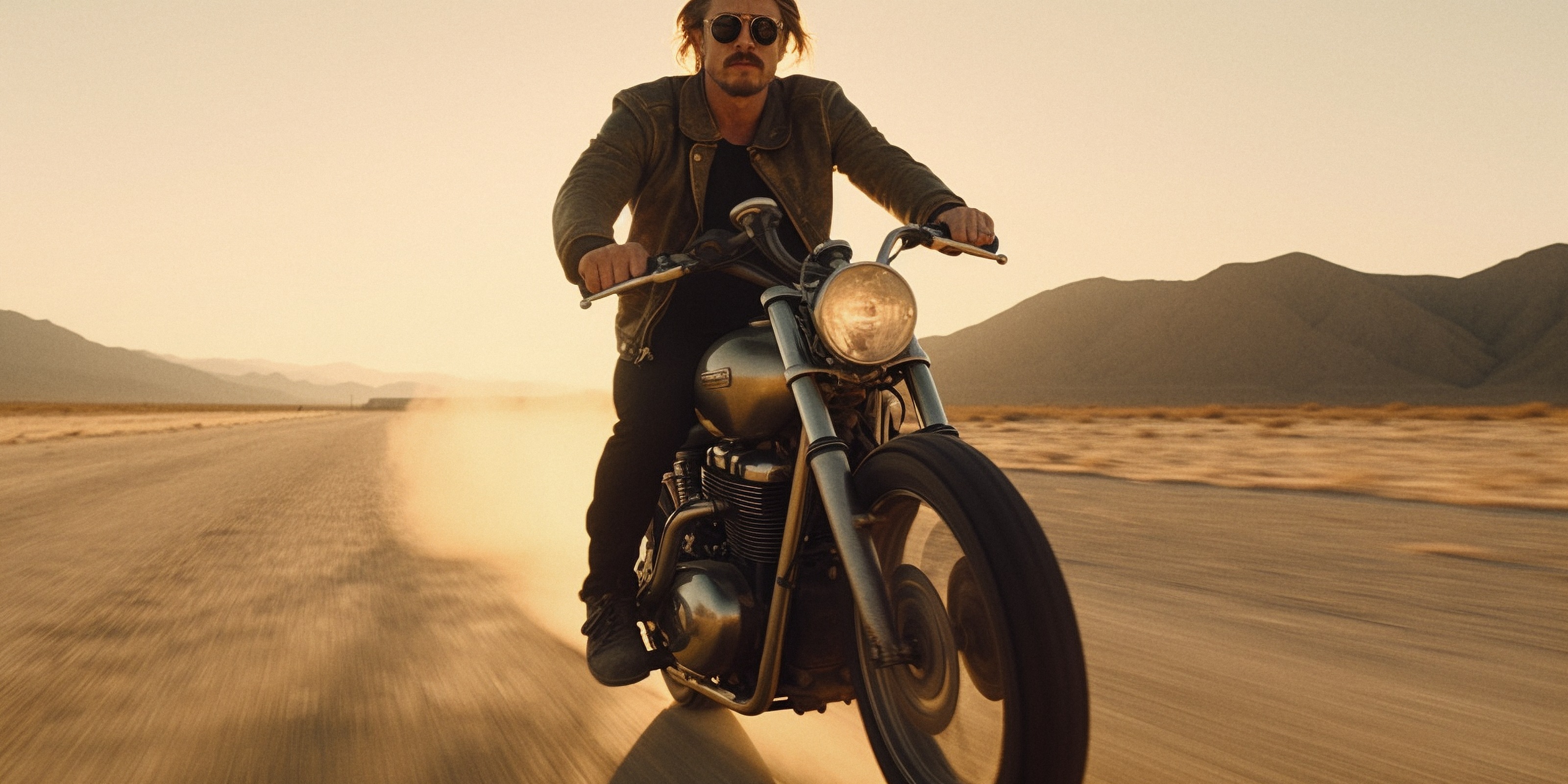 Lou riding across the desert.