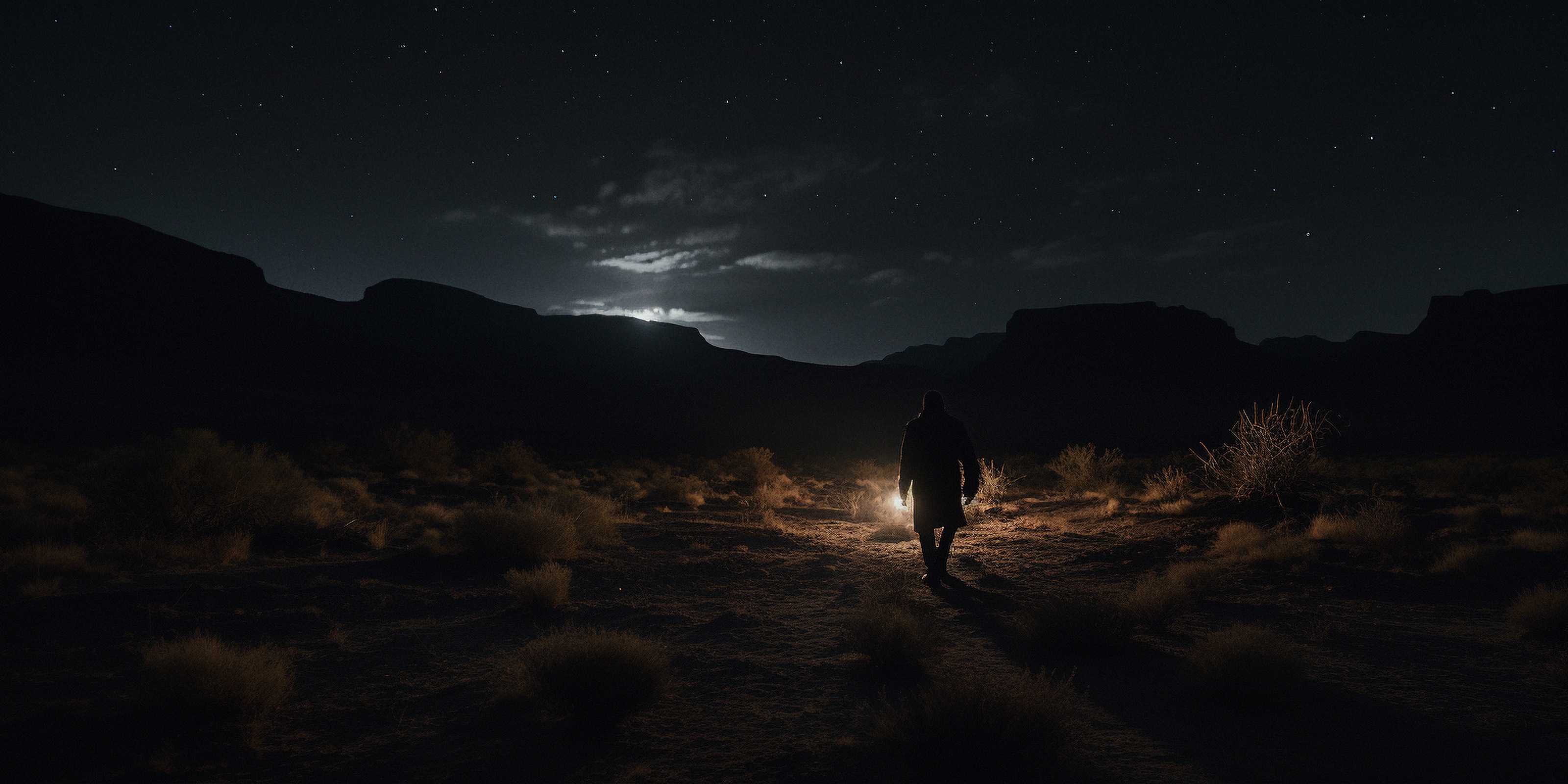 A lone figure walking through the desert at night.